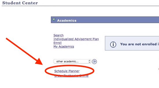 Student Center page with with highlights showing the link to Schedule Planner